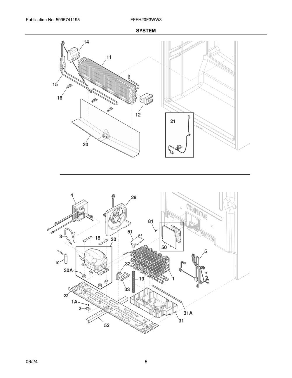 System Diagram and Parts List for FFFH20F3WW3  Frigidaire Freezer