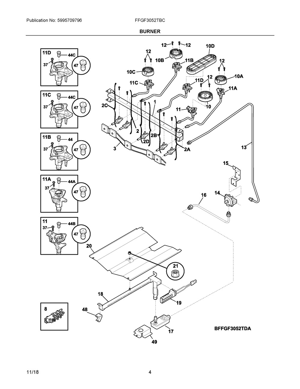 Burner Diagram and Parts List for FFGF3052TBC  Frigidaire Range