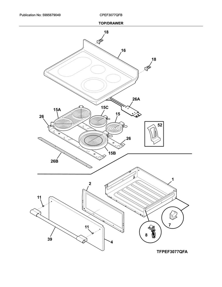 Top/drawer Diagram and Parts List for CPEF3077QFB  Frigidaire Range