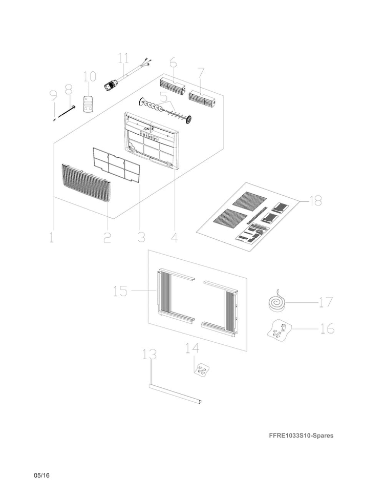 Recommended Spare Parts Diagram and Parts List for FFRE1233S1A0  Frigidaire Air Conditioner