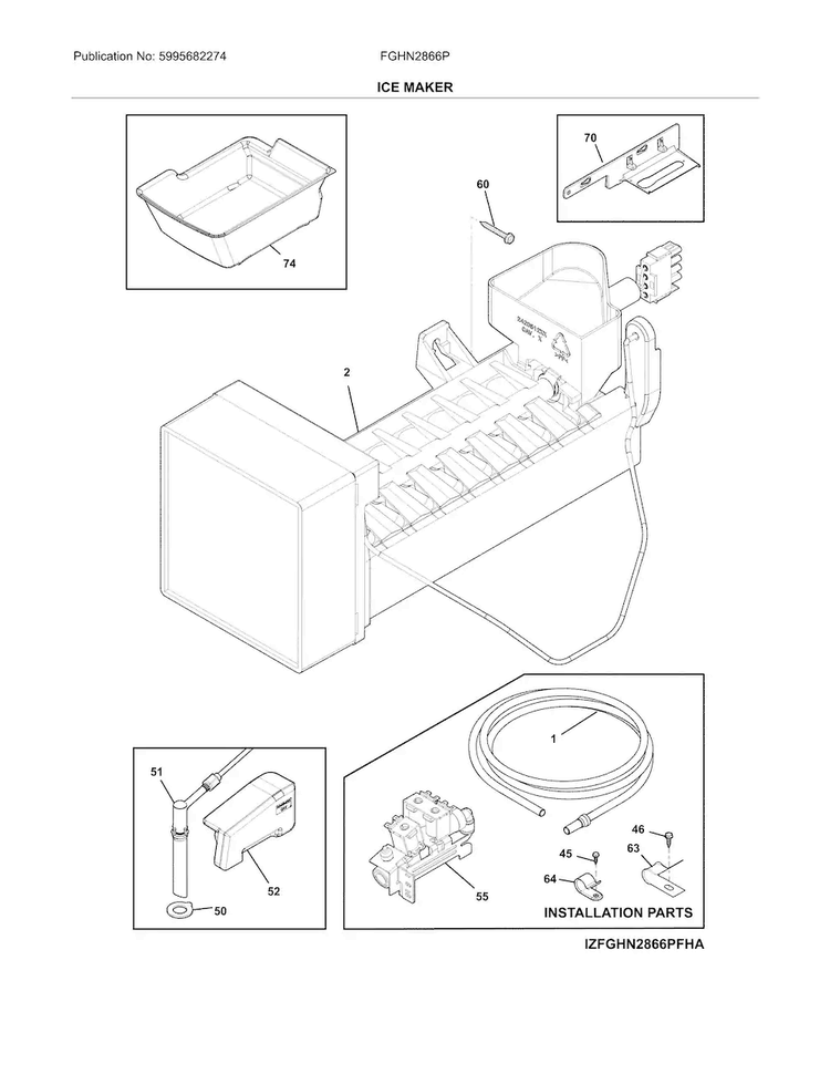 Ice Maker Diagram and Parts List for FGHN2866PPEA  Frigidaire Refrigerator