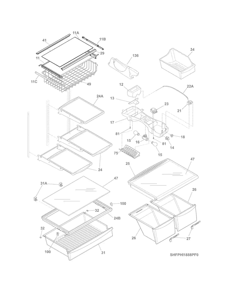 Shelves Diagram and Parts List for FPHI2188PF2  Frigidaire Refrigerator
