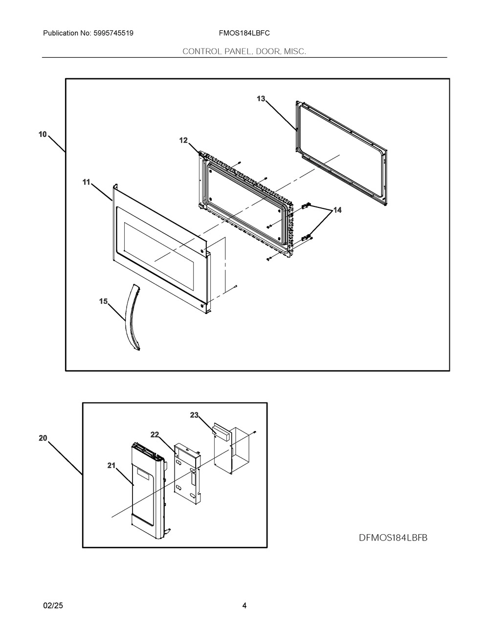 Control Panel, Door, Misc. Diagram and Parts List for FMOS184LBFC  Frigidaire Microwave