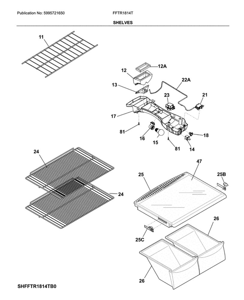 Shelves Diagram and Parts List for FFTR1814TBH  Frigidaire Refrigerator