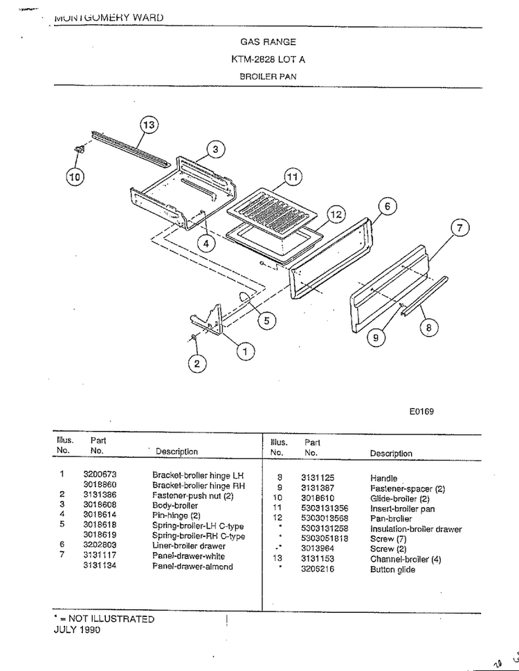 Broiler Pan Diagram and Parts List for 2828A  Frigidaire Range