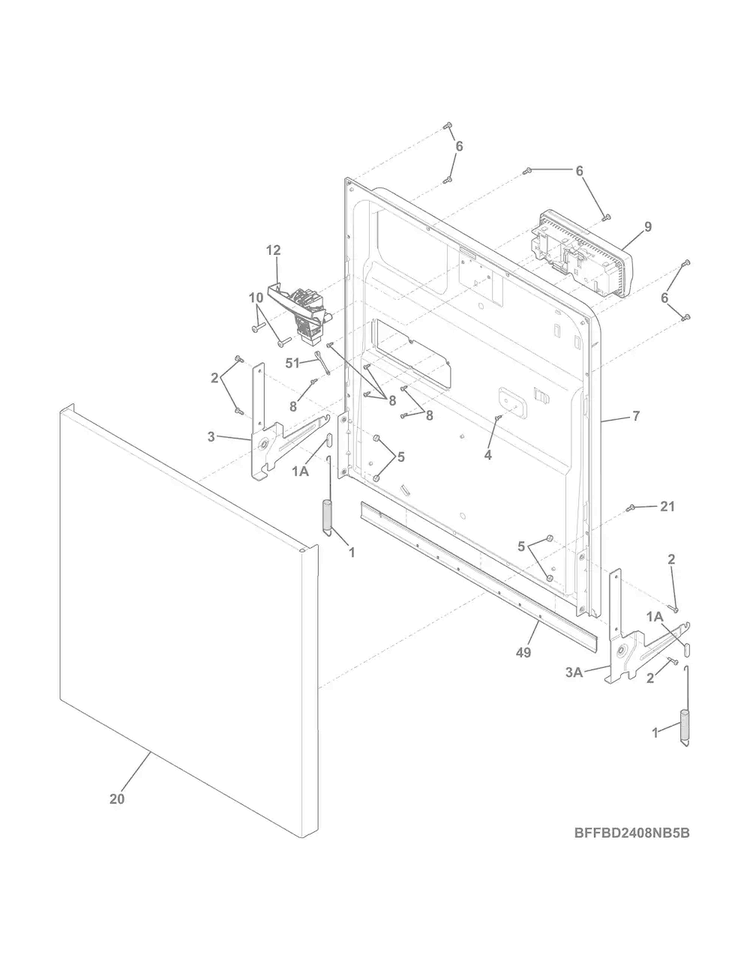 Door Diagram and Parts List for FFBD2408NM5B  Frigidaire Dishwasher