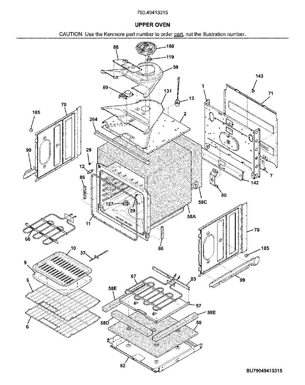 Upper oven Diagram and Parts List for 79049413315  Kenmore Wall Oven