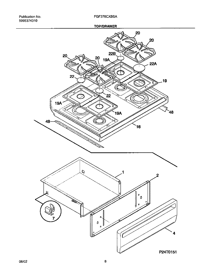 TOP / DRAWER Diagram and Parts List for FGF376CXBSA  Frigidaire Range
