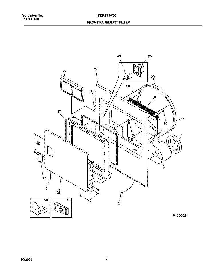 FRNT PNL, DOOR Diagram and Parts List for FER231AS0  Frigidaire Dryer