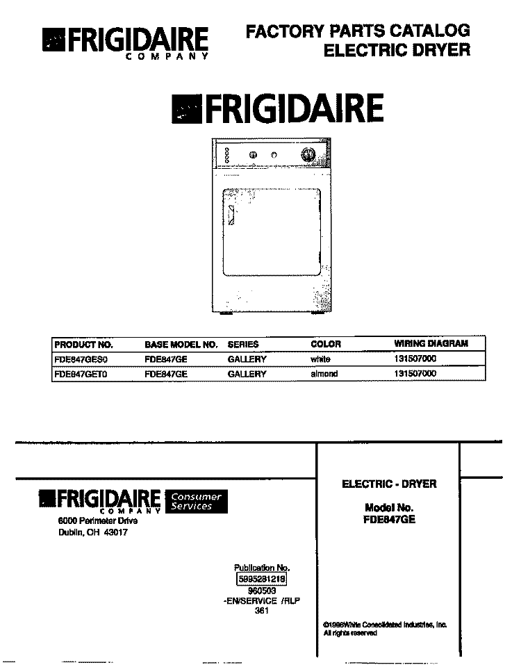 COVER Diagram and Parts List for FDE847GET0  Frigidaire Dryer
