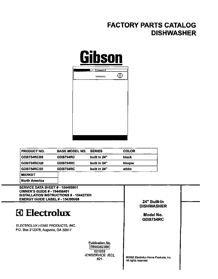 COVER Diagram and Parts List for GDB754RCS0  Gibson Dishwasher