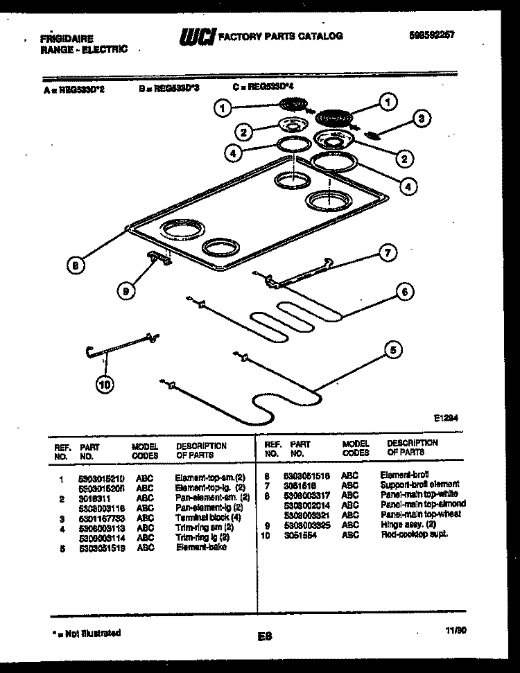 COOKTOP AND BROILER PARTS Diagram and Parts List for REG533DW3  Frigidaire Range