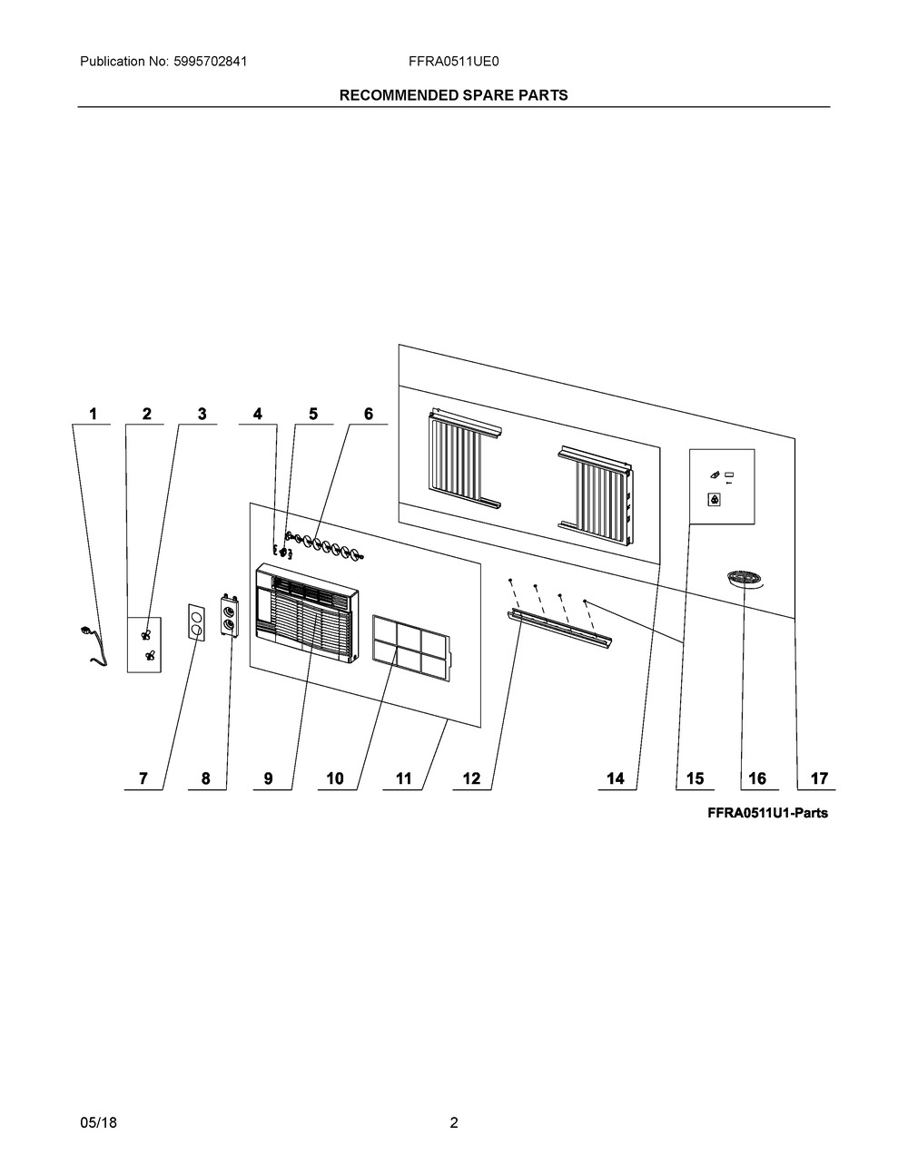 Recommended Spare Parts Diagram and Parts List for FFRA0511UE0  Frigidaire Air Conditioner