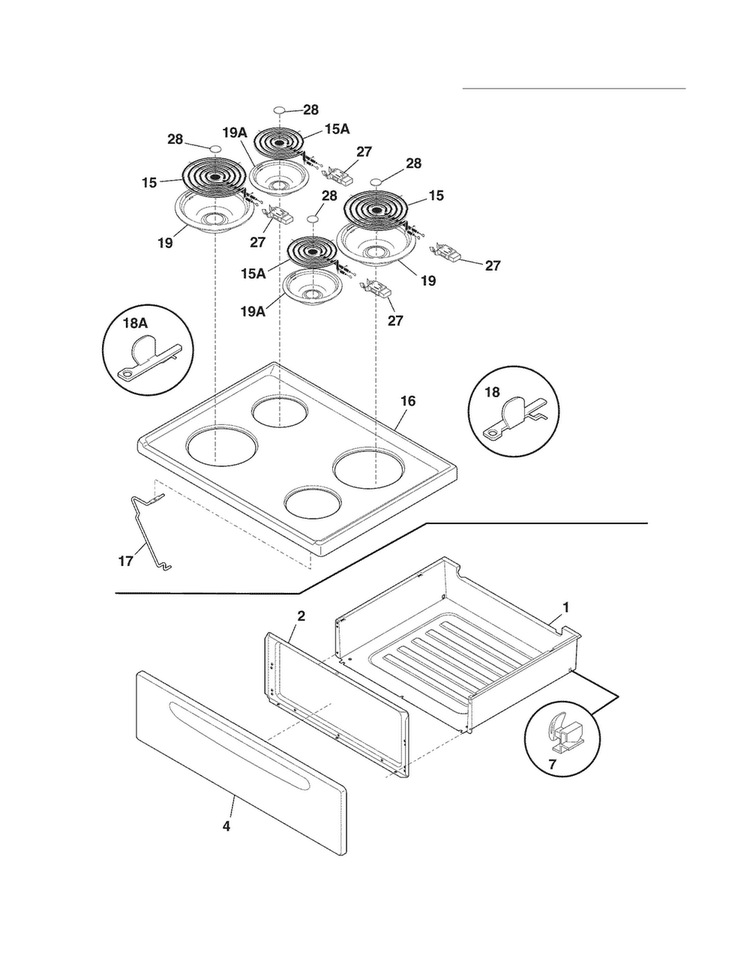 Top/drawer Diagram and Parts List for FFEF3010LBD  Frigidaire Range