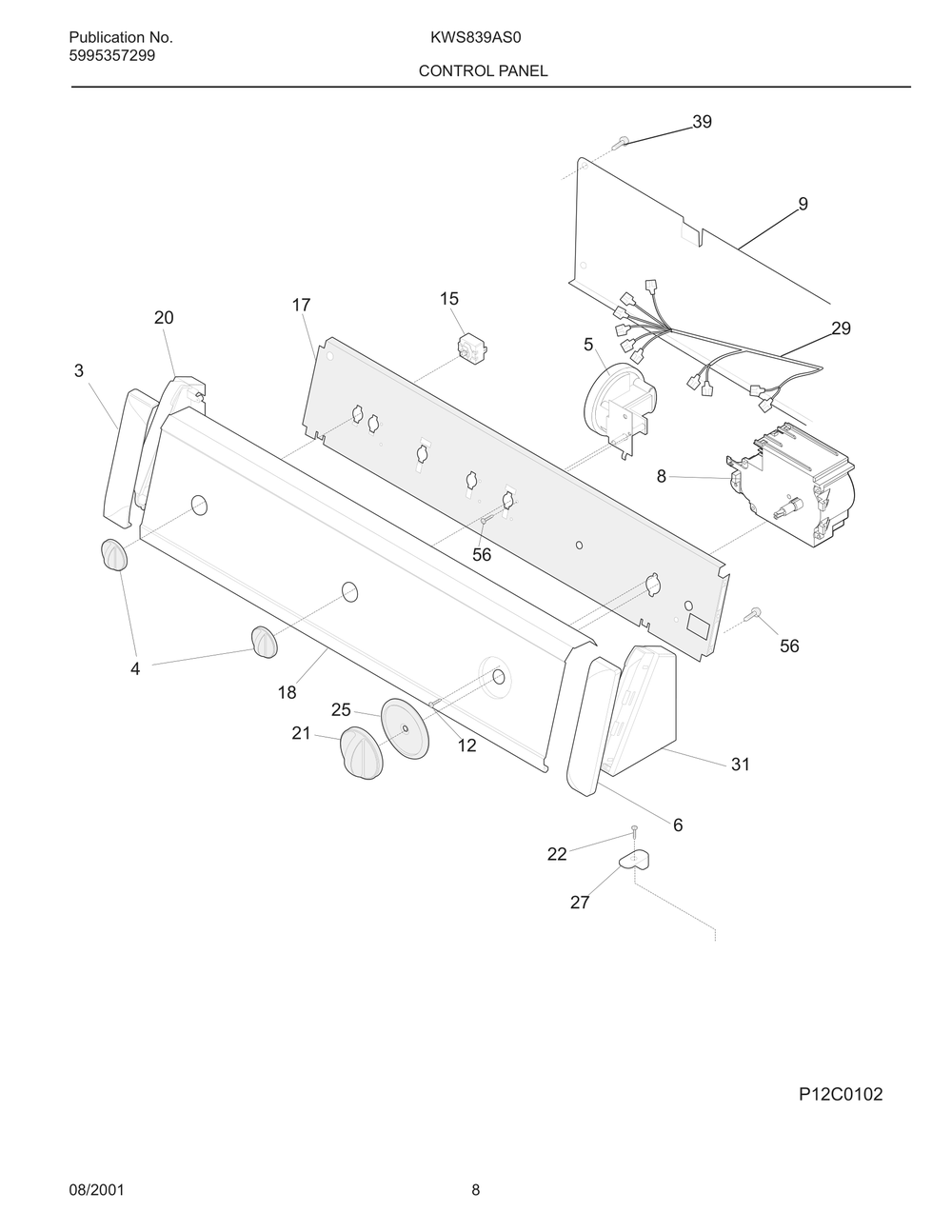 Control Panel Diagram and Parts List for KWS839AS0  Frigidaire Washer