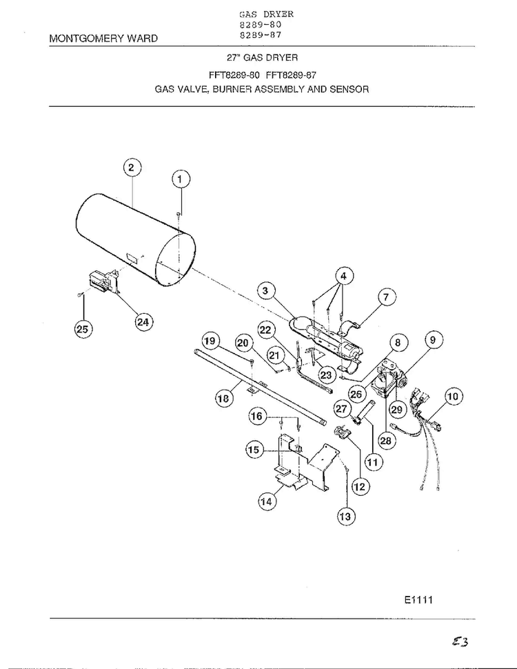 Gas Valve, Burner Assembly And Sensor Diagram and Parts List for 8289-87  Frigidaire Dryer
