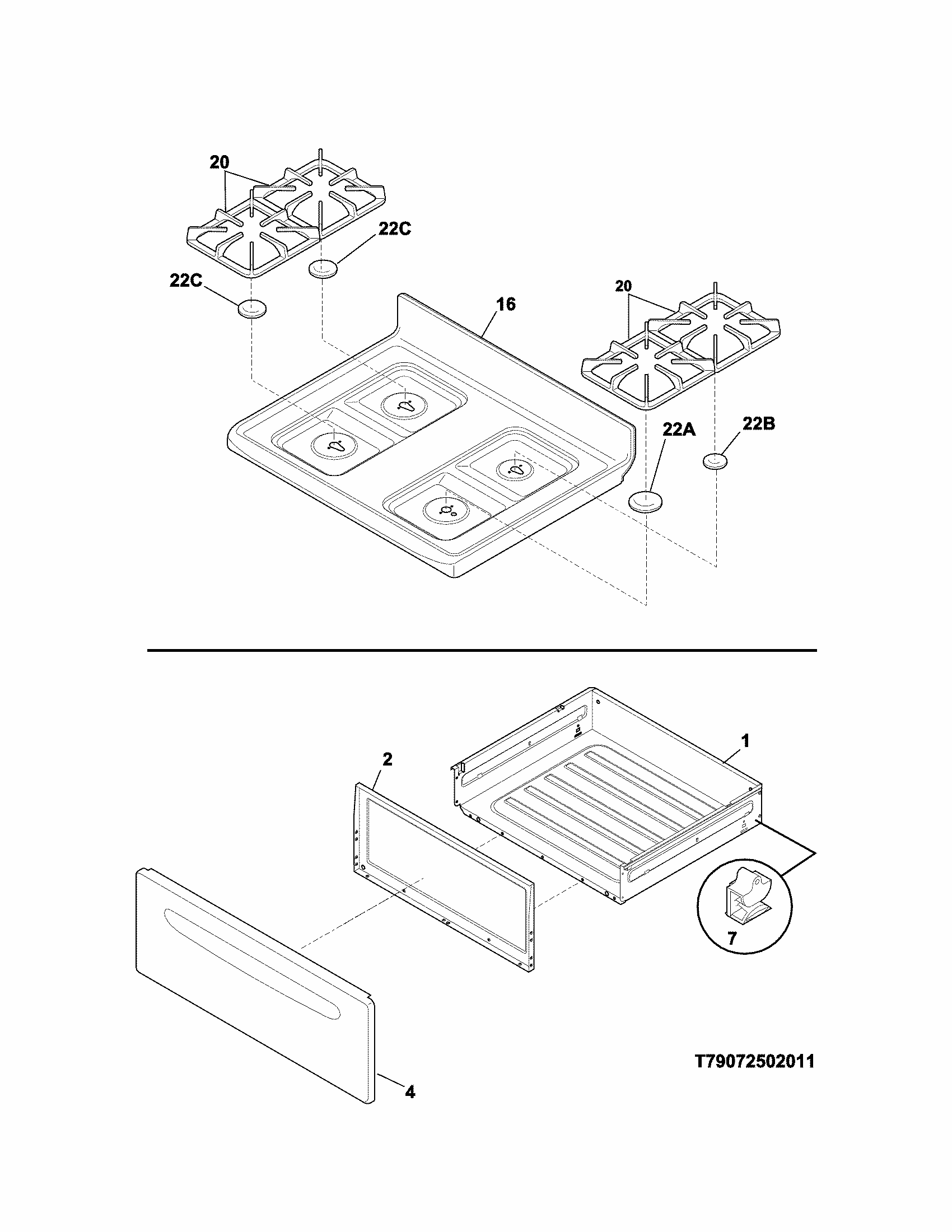 Top/drawer Diagram and Parts List for 79074039311  Kenmore Range