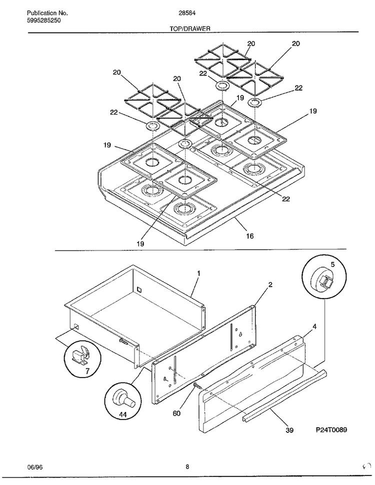 Top/drawer Diagram and Parts List for 285847D  Frigidaire Range