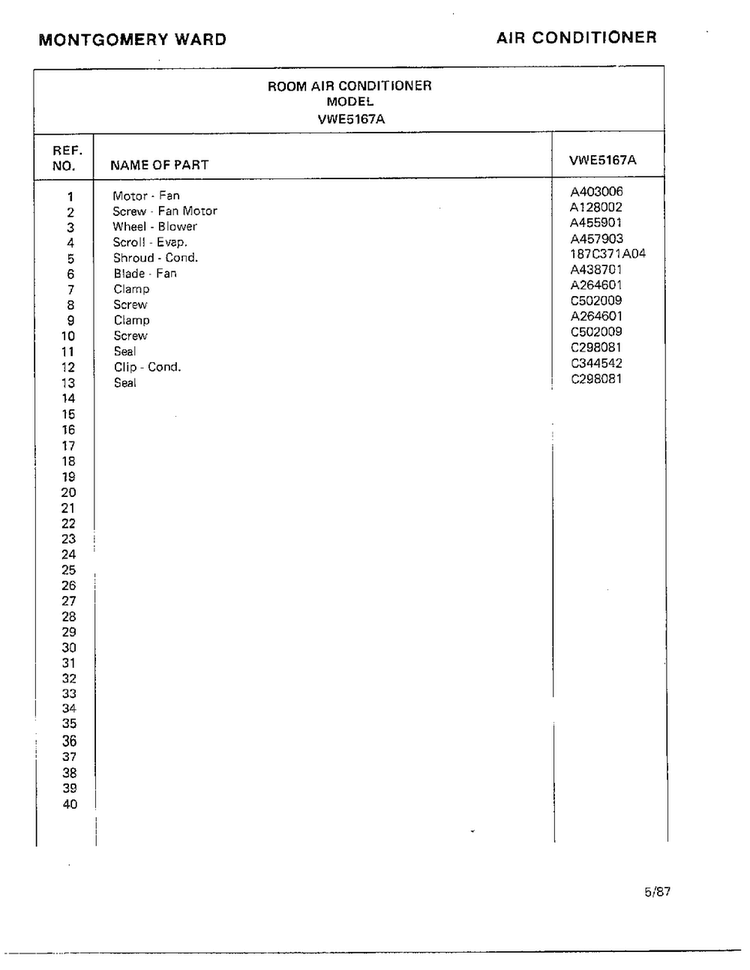 Air Conditioner Page 6 Diagram and Parts List for 5167A  Frigidaire Air Conditioner