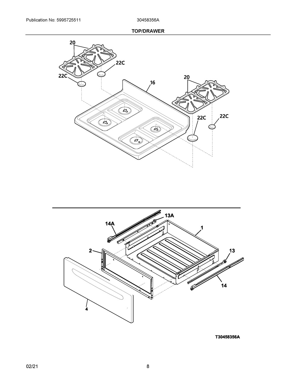 Top/Drawer Diagram and Parts List for 30458356A  Frigidaire Range