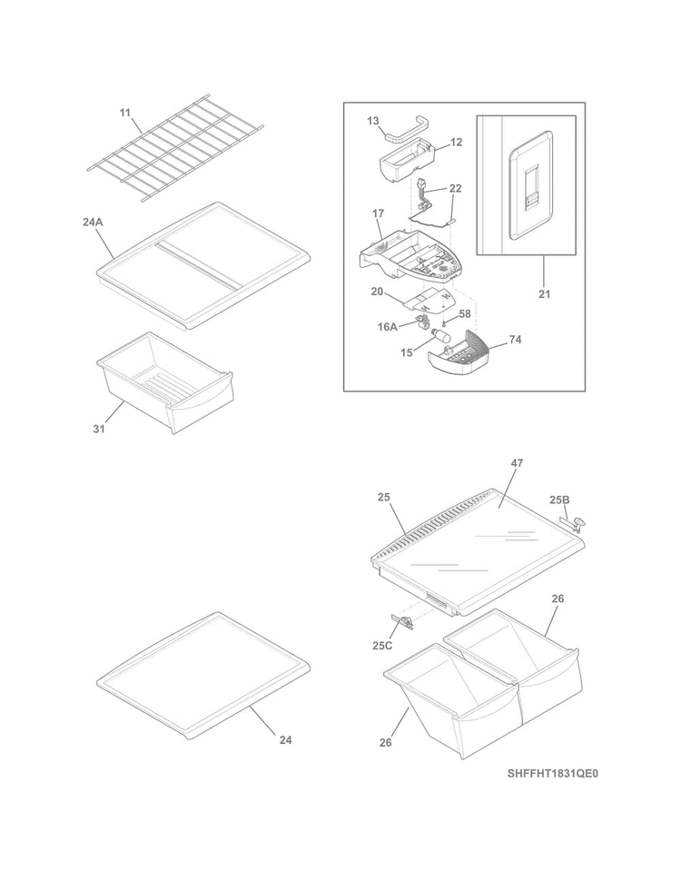 Shelves Diagram and Parts List for FFHI1831QP1  Frigidaire Refrigerator