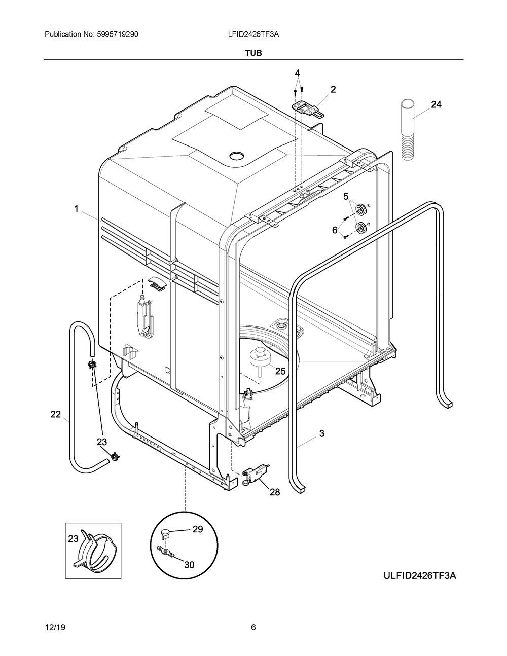 Tub Diagram and Parts List for LFID2426TF3A  Frigidaire Dishwasher
