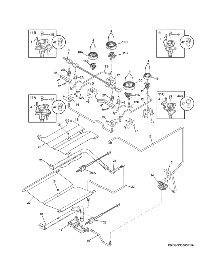 Burner Diagram and Parts List for FGGS3065PFD  Frigidaire Range
