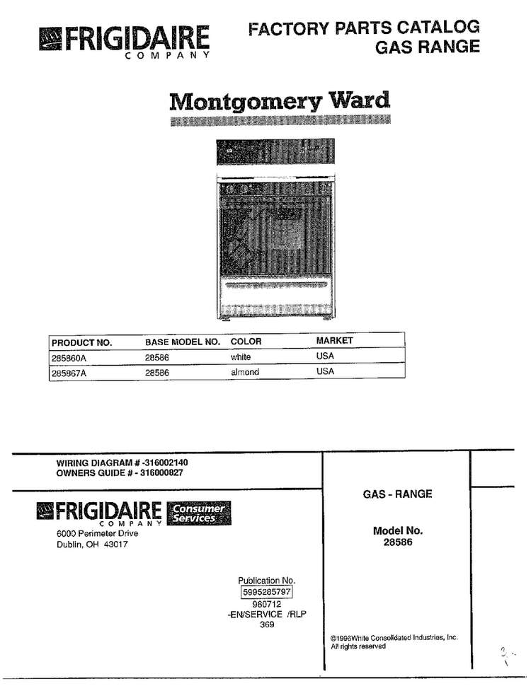 Gas Range Front Cover Diagram and Parts List for 285860A  Frigidaire Range