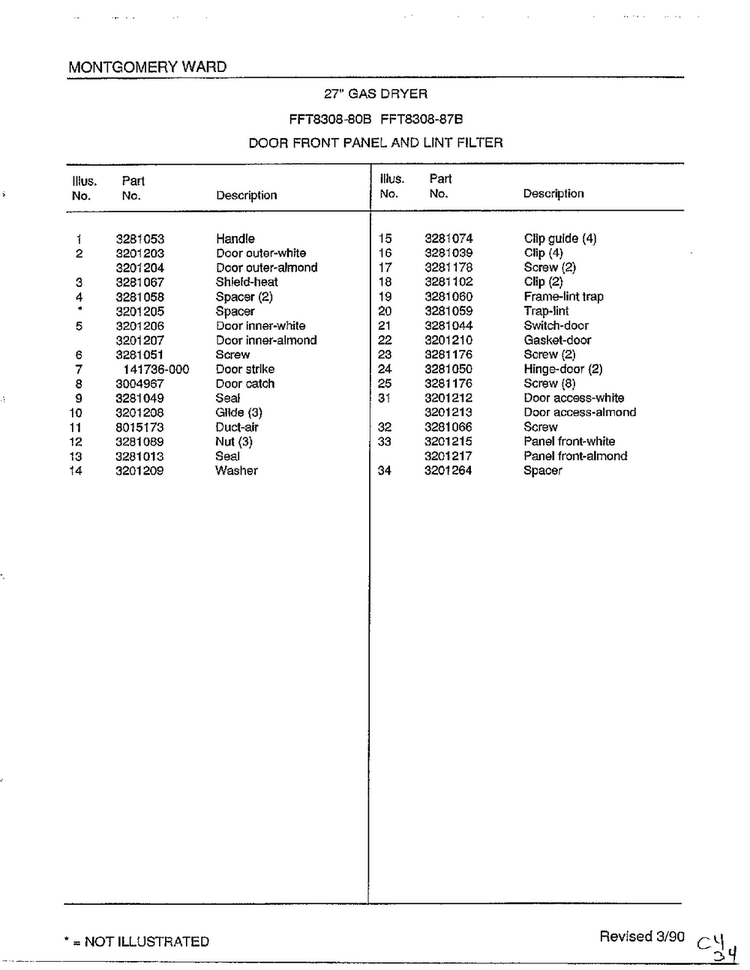 Door Front Panel And Lint Filter Page 2 Diagram and Parts List for 7308B  Frigidaire Dryer