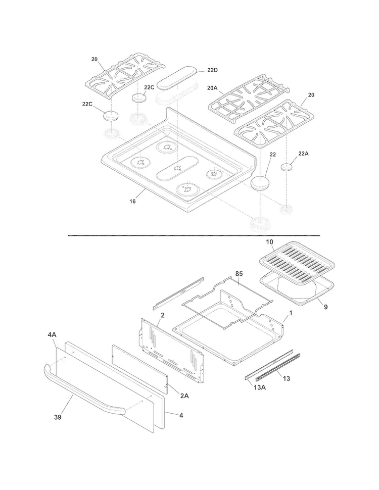 Top/drawer Diagram and Parts List for FFGF3049LSF  Frigidaire Range