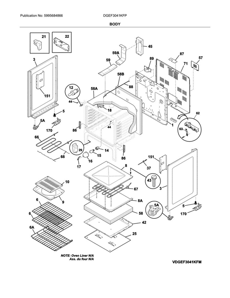 Body Diagram and Parts List for DGEF3041KFP  Frigidaire Range