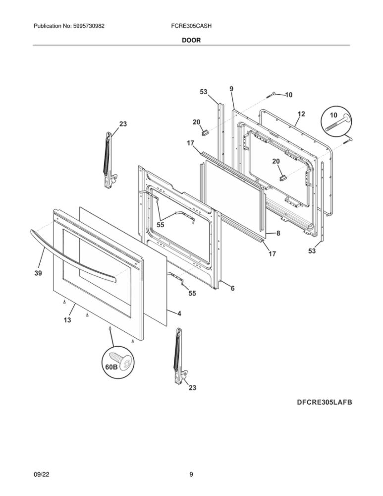 Door Diagram and Parts List for FCRE305CASH  Frigidaire Range
