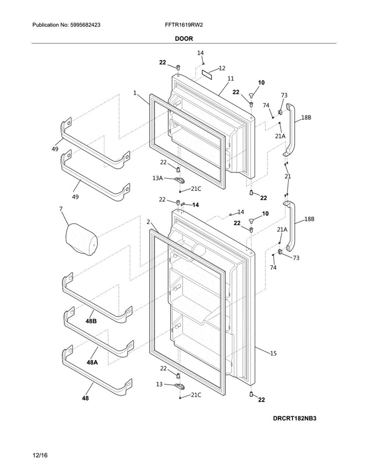 Door Diagram and Parts List for FFTR1619RW2  Frigidaire Refrigerator