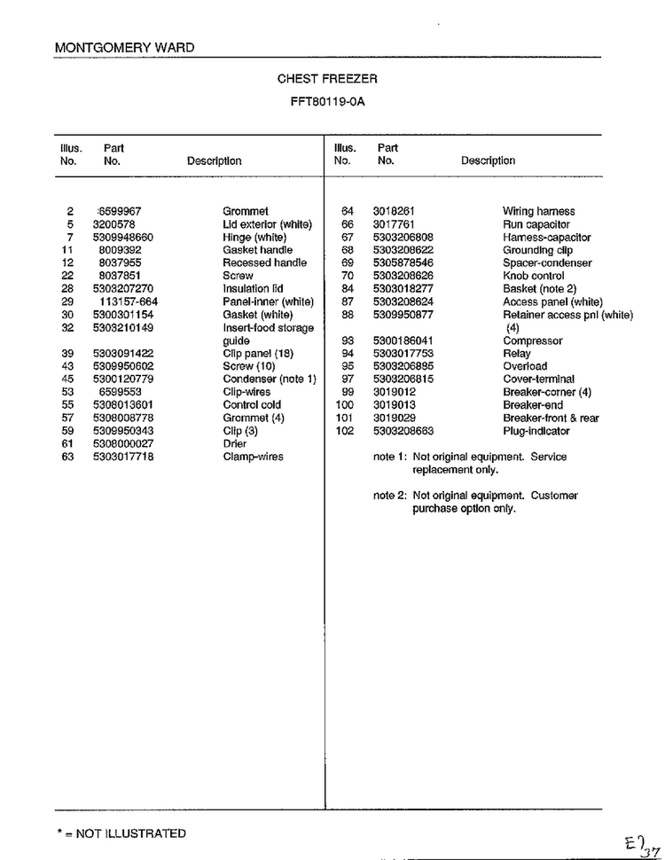 Chest Freezer Page 2 Diagram and Parts List for 80119A  Frigidaire Freezer