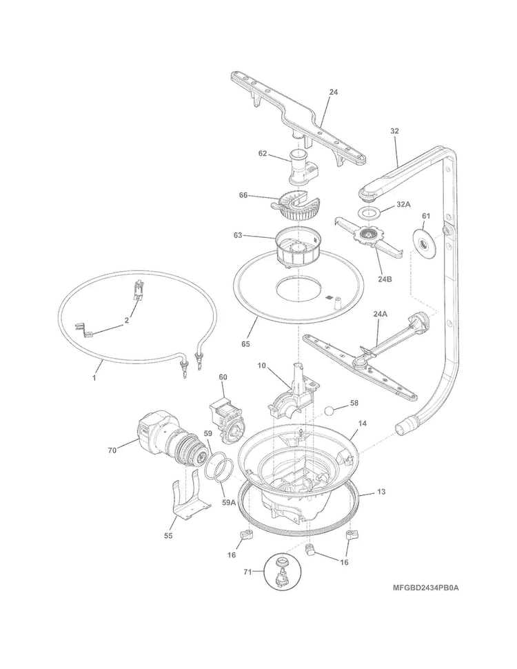 Motor & Pump Diagram and Parts List for FGBD2434PW1A  Frigidaire Dishwasher