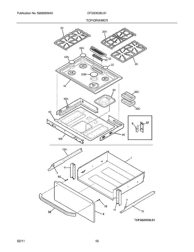 TOP/DRAWER Diagram and Parts List for CFGS3035LS1  Frigidaire Range