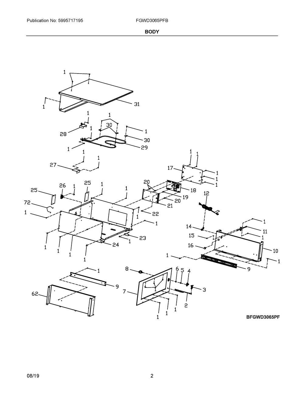 Body Diagram and Parts List for FGWD3065PFB  Frigidaire Warming Drawer