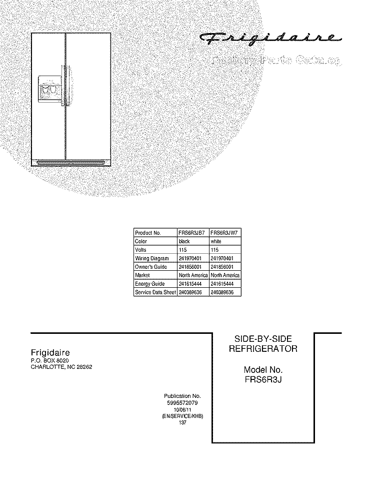 COVER Diagram and Parts List for FRS6R3JW7  Frigidaire Refrigerator