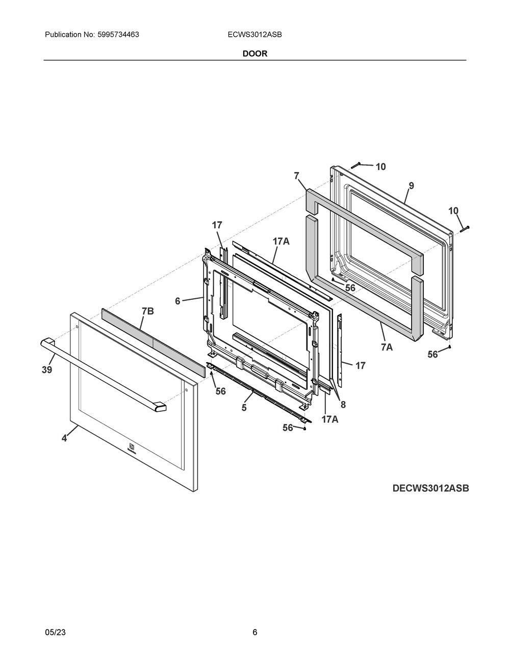 Door Diagram and Parts List for ECWS3012ASB  Frigidaire Wall Oven