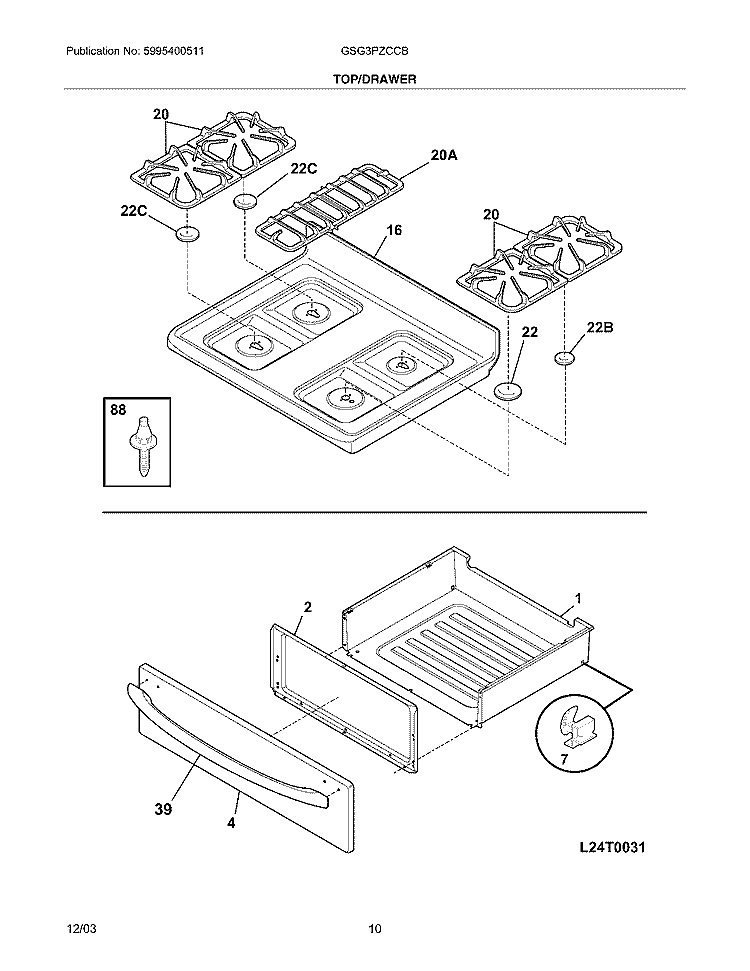 TOP / DRAWER Diagram and Parts List for GSG3PZCCB  Frigidaire Range