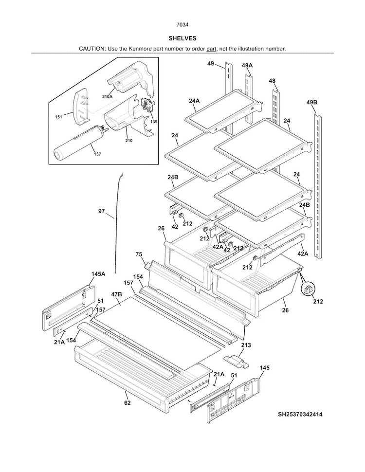 Shelves Diagram and Parts List for 2537034241A  Kenmore Refrigerator