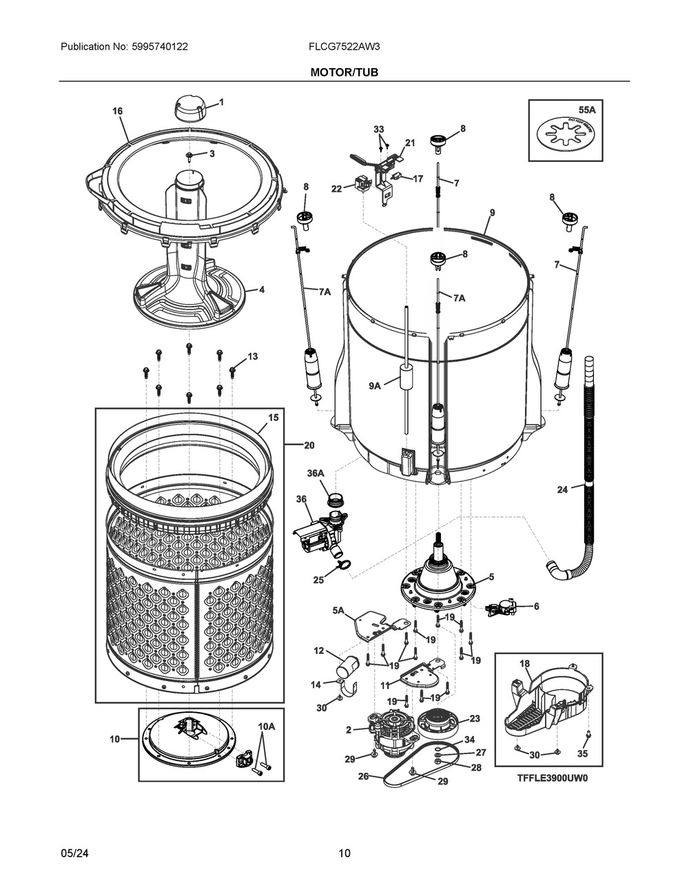 Motor/Tub Diagram and Parts List for FLCG7522AW3  Frigidaire Washer Dryer Combo