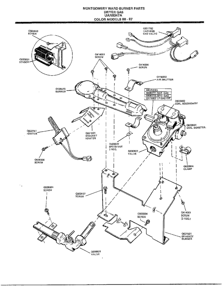 Burner Parts Diagram and Parts List for 8347A  Frigidaire Dryer
