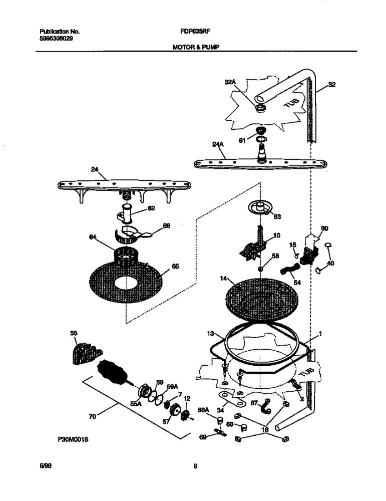 Motor And Pump Diagram and Parts List for FDP635RFR3  Frigidaire Dishwasher