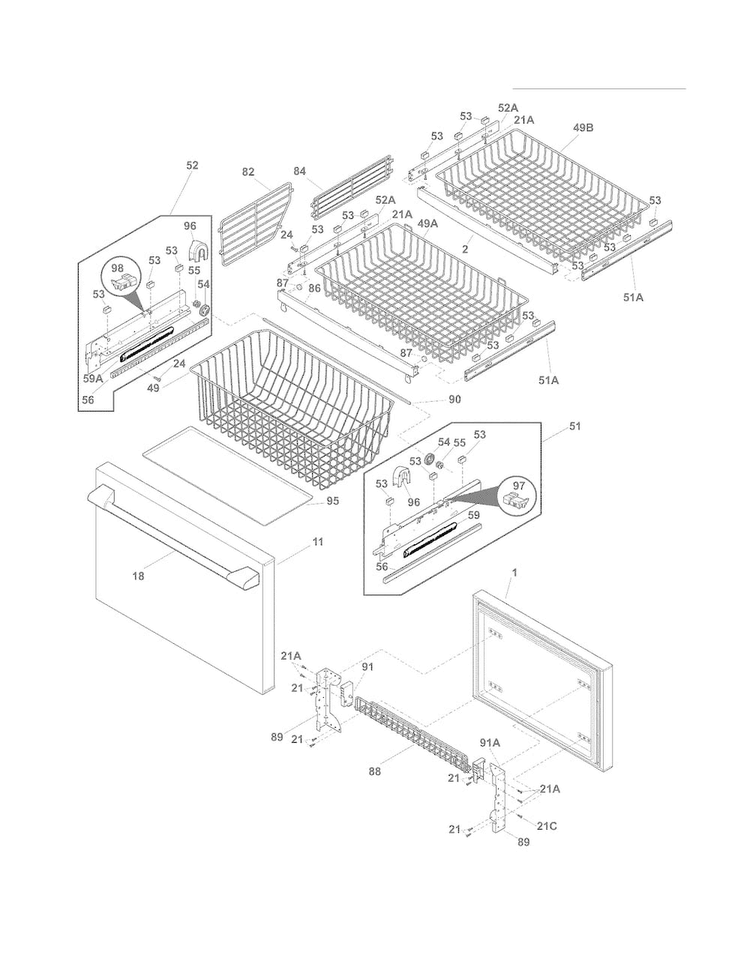 Freezer Drawer - Basket Diagram and Parts List for E23BC78IPS9  Electrolux Refrigerator