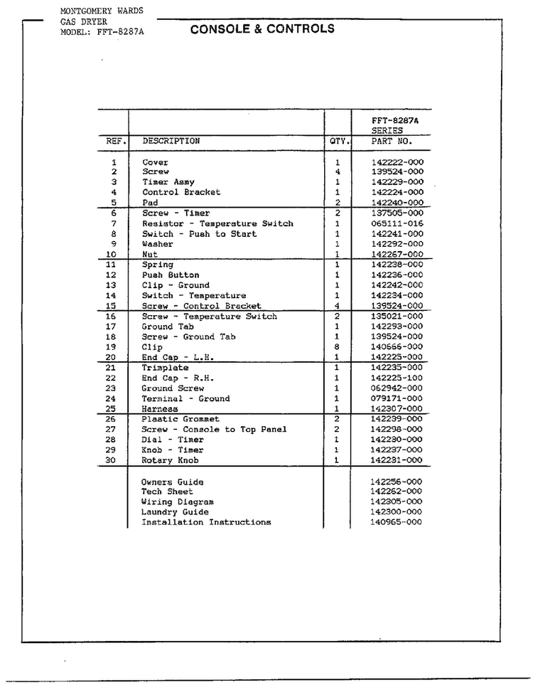 Console/controls Page 2 Diagram and Parts List for 8287A  Frigidaire Dryer