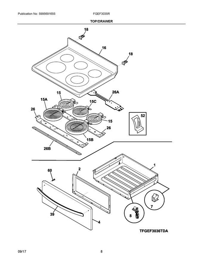 04 - Top/drawer Diagram and Parts List for FGEF3035RBC  Frigidaire Range