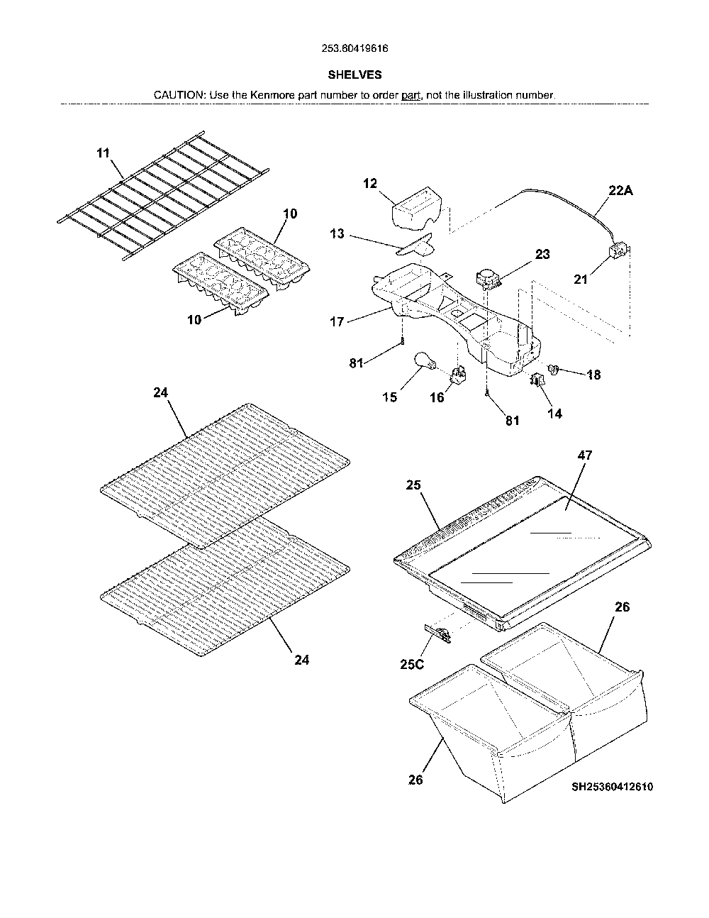 Shelves Diagram and Parts List for 25360419616  Kenmore Refrigerator