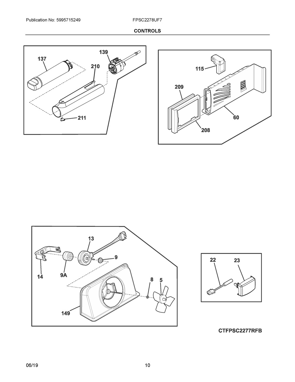 Controls Diagram and Parts List for FPSC2278UF7  Frigidaire Refrigerator