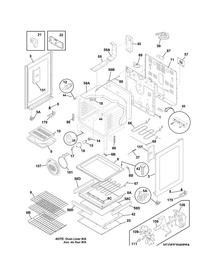 Body Diagram and Parts List for CGEF3040PFB  Frigidaire Range